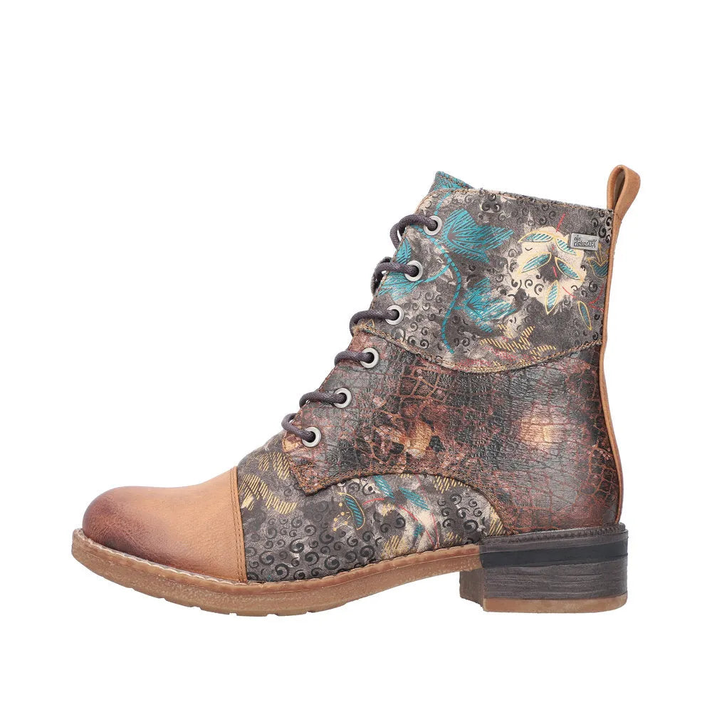 Rieker 94611-90 women's multi-color water-resistant lace-up ankle boots with zipper, floral print, and textured leather details.