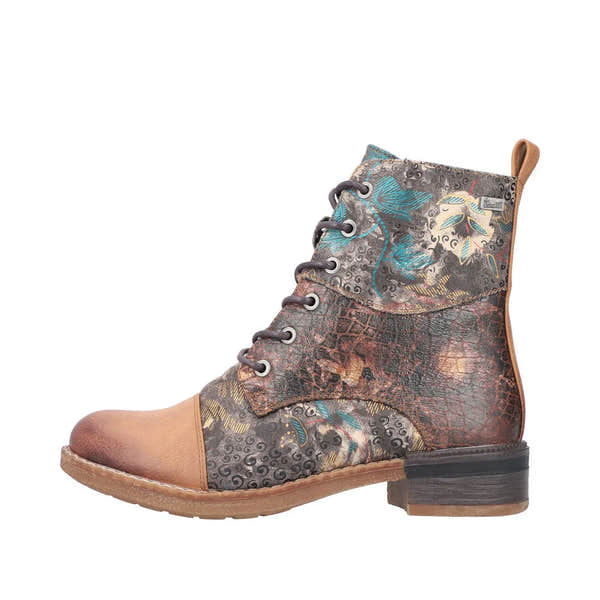Rieker 94611-90 women's multi-color water-resistant lace-up ankle boots with zipper, floral print, and textured leather details.