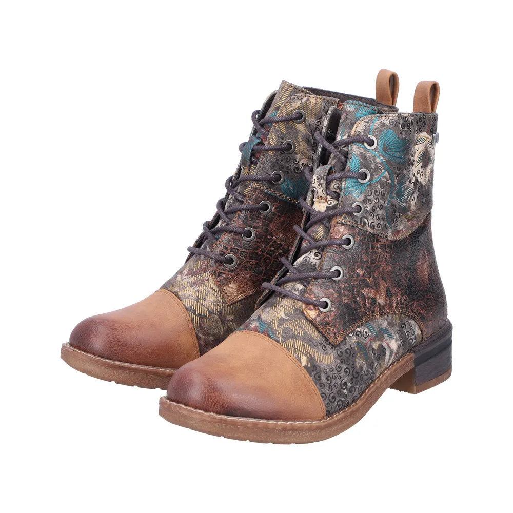 Rieker 94611-90 Women's Water-Resistant Lace-Up Ankle Boots with Multi-Pattern Design and Block Heel