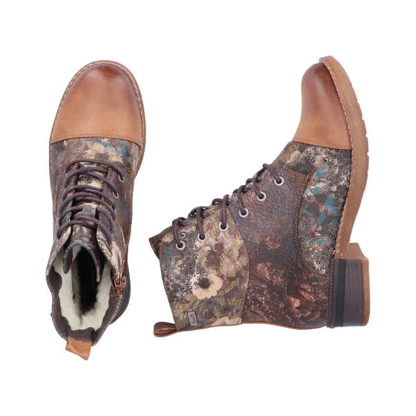 Rieker 94611-90 women's multi-colored water-resistant lace-up ankle boots with zip, leather and fabric design, chunky heel.
