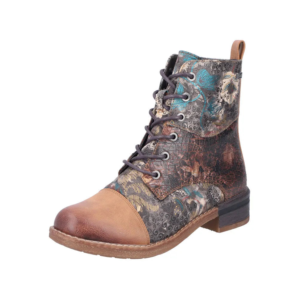 Rieker 94611-90 Women's Multi-Color Water-Resistant Lace-Up Ankle Boots with Zipper, Leather Toe Cap, and Low Block Heel
