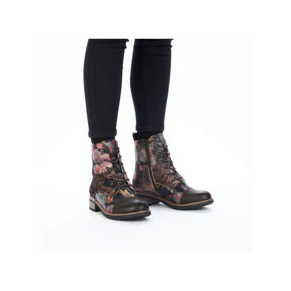 Rieker 94611-91 women’s multi-colored water-resistant zip and lace ankle boots with floral and textured design, block heel.