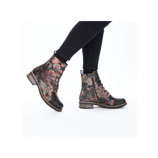 Rieker 94611-91 women's multi water-resistant ankle boots with lace-up, zip closure, floral pattern, and low heel.