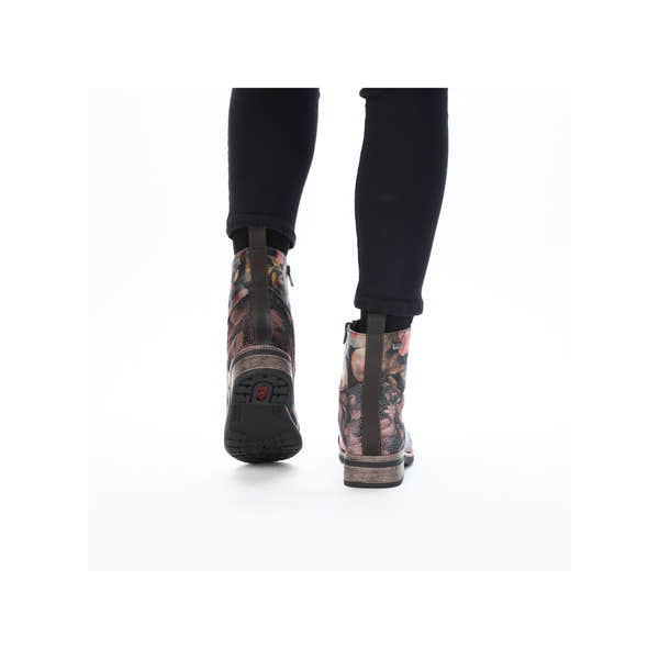 Rieker 94611-91 women's multi water-resistant ankle boots with zip and lace-up closure, floral design, and low block heel.