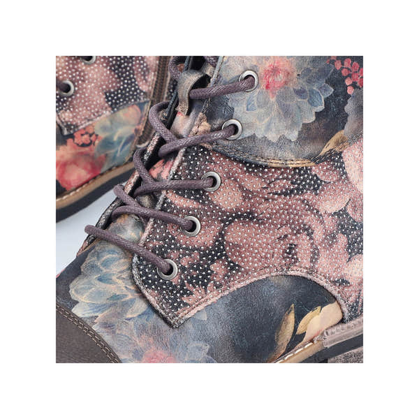 Rieker 94611-91 ladies floral water-resistant ankle boots with zip and lace-up closure.