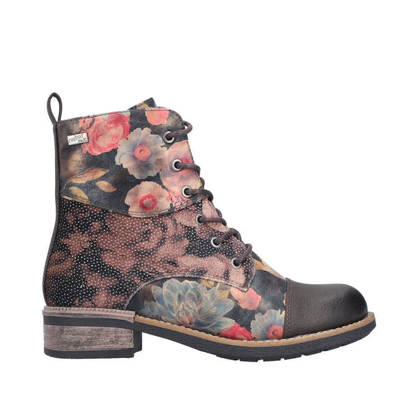 Rieker 94611-91 women's multi-color floral water-resistant ankle boots with lace-up and zipper closure, durable sole.