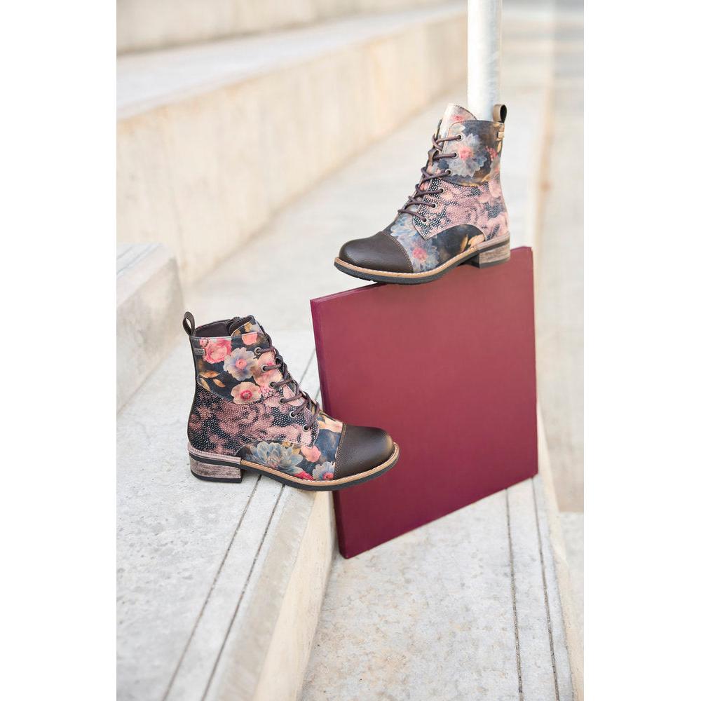 Rieker 94611-91 women's multi-color water-resistant ankle boots with zip and lace, block heel, floral design.