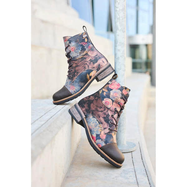 Rieker 94611-91 women's floral print water-resistant ankle boots with zip and lace-up closure, sturdy heel, and stylish design.