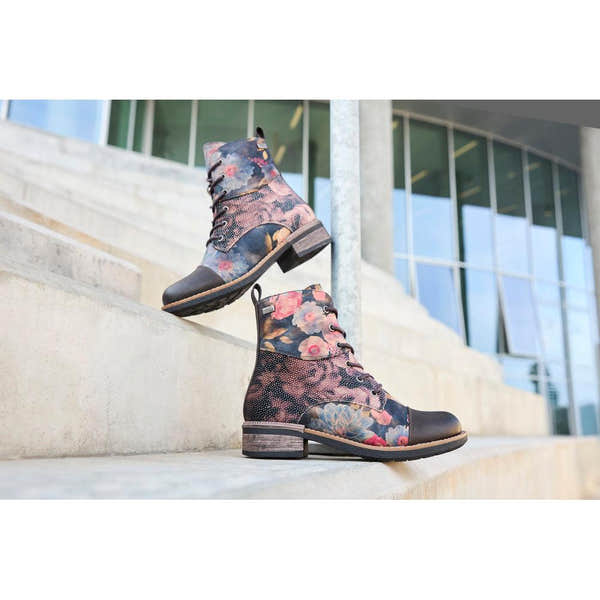 Rieker 94611-91 women's multi-colored water-resistant lace-up ankle boots with floral pattern, zip closure, and low heel.