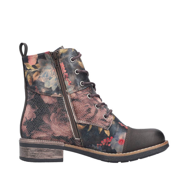Rieker 94611-91 Ladies floral water-resistant ankle boots with zip and lace-up closure, low heel, and decorative stitching.