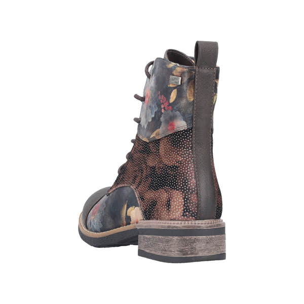 Rieker 94611-91 women's multi-colored water-resistant ankle boots with lace-up and zip closure, floral and dotted design, low heel.