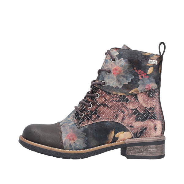 Women's Rieker 94611-91 multi-water-resistant lace-up ankle boots with floral print, zip closure, and chunky heel.