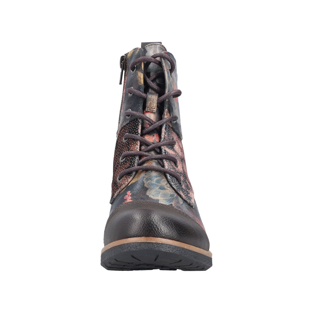 Rieker 94611-91 women's water-resistant ankle boots with floral print, side zipper, laces, and cushioned sole.