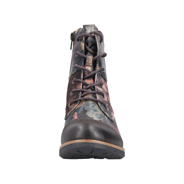 Rieker 94611-91 women's water-resistant ankle boots with floral print, side zipper, laces, and cushioned sole.
