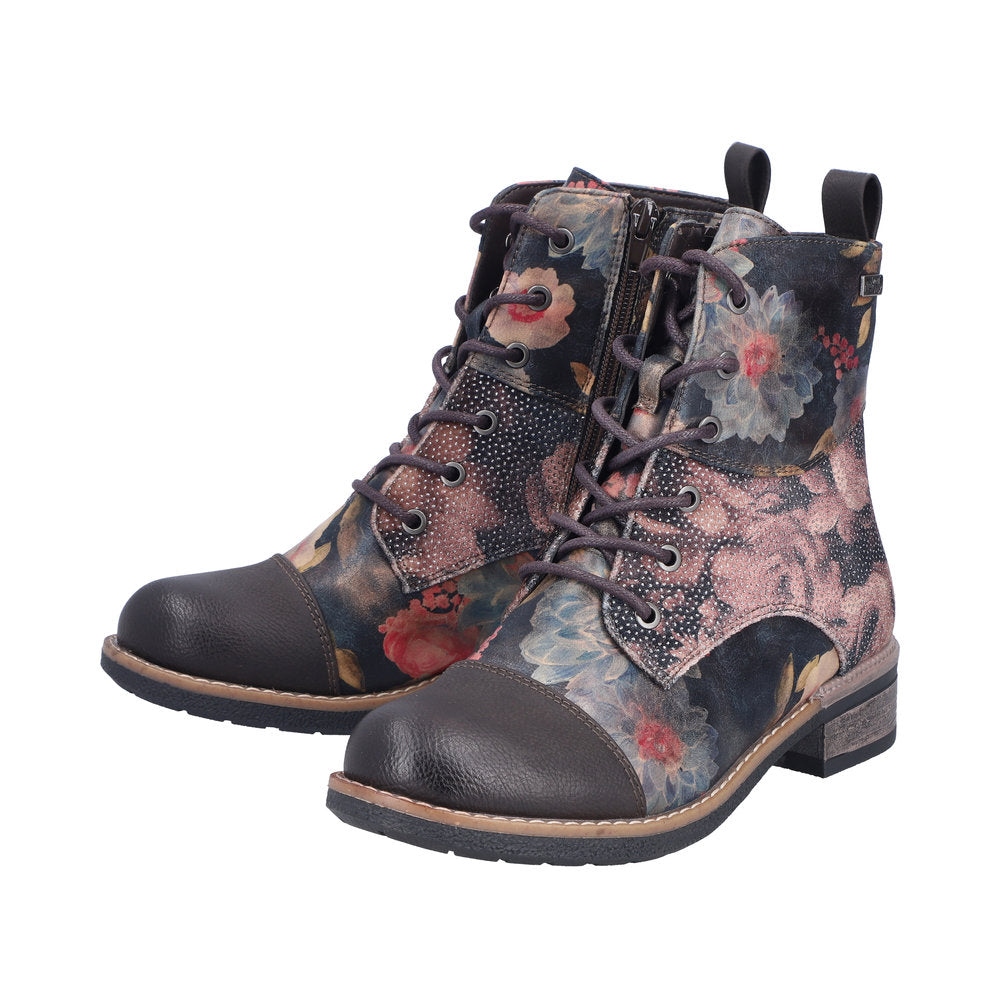 Rieker 94611-91 Women's floral water-resistant ankle boots with zip and lace-up front, chunky heel, and toe cap detail.