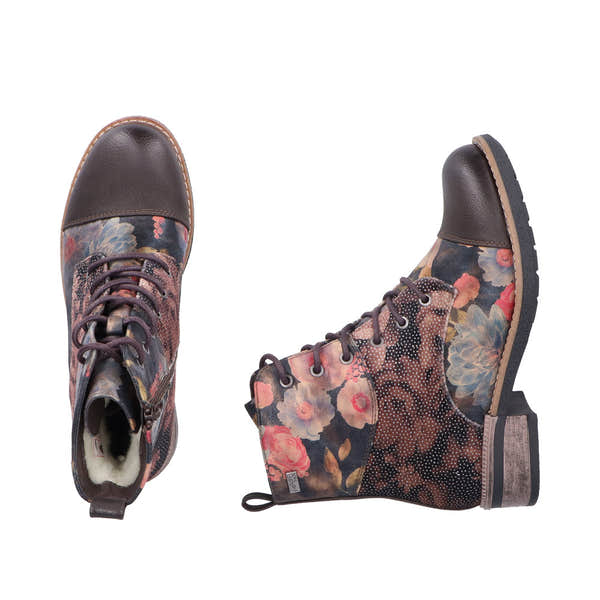 Rieker 94611-91 women's water-resistant ankle boots with floral print, lace-up and zipper closure, and chunky heel.