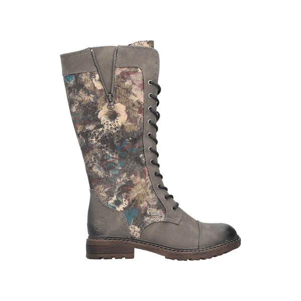 Rieker 94731-90 women's mid-calf water-resistant boots with floral pattern, zipper, and lace-up design.