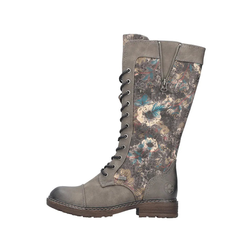 Rieker 94731-90 women's water-resistant lace-up mid-calf boots with floral pattern, zipper detail, and sturdy heel.