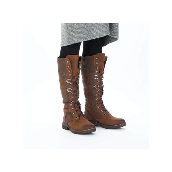 Rieker 94732-25 women's brown water-resistant knee-high boots with laces and zip closure, featuring metal eyelets and a sturdy sole.
