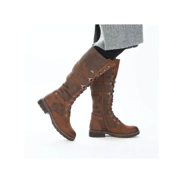 Rieker 94732-25 women's brown water-resistant knee-high boots with zip and lace-up design.