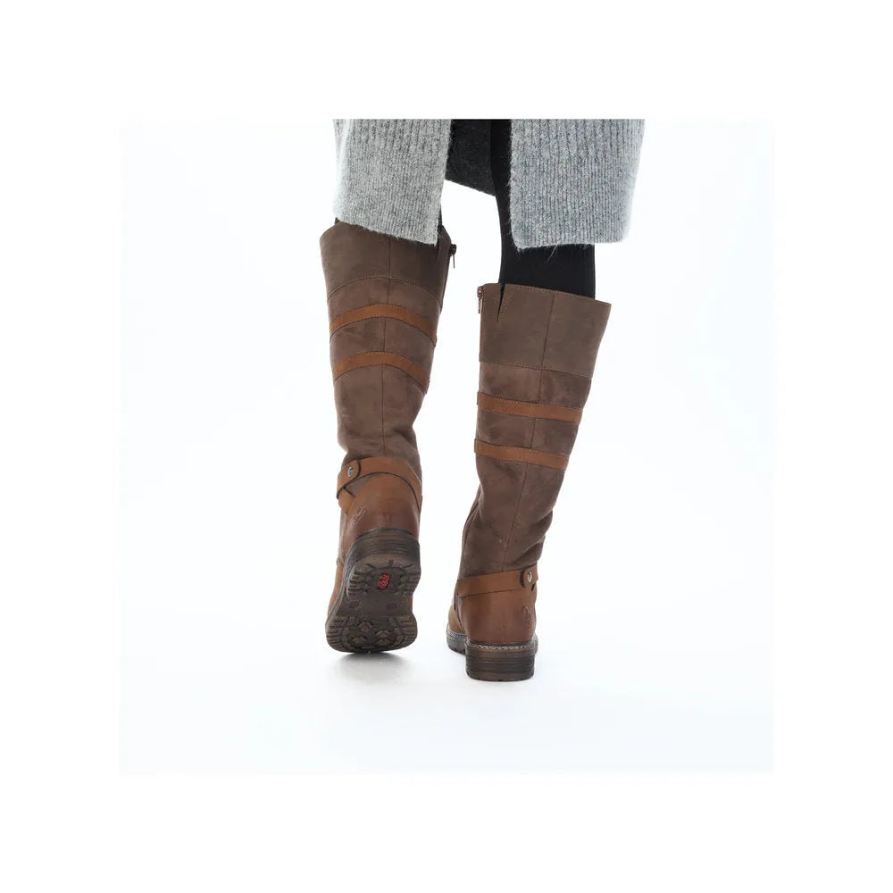 Rieker 94732-25 women's brown knee-high water-resistant boots with zip and lace-up details, versatile and stylish footwear.