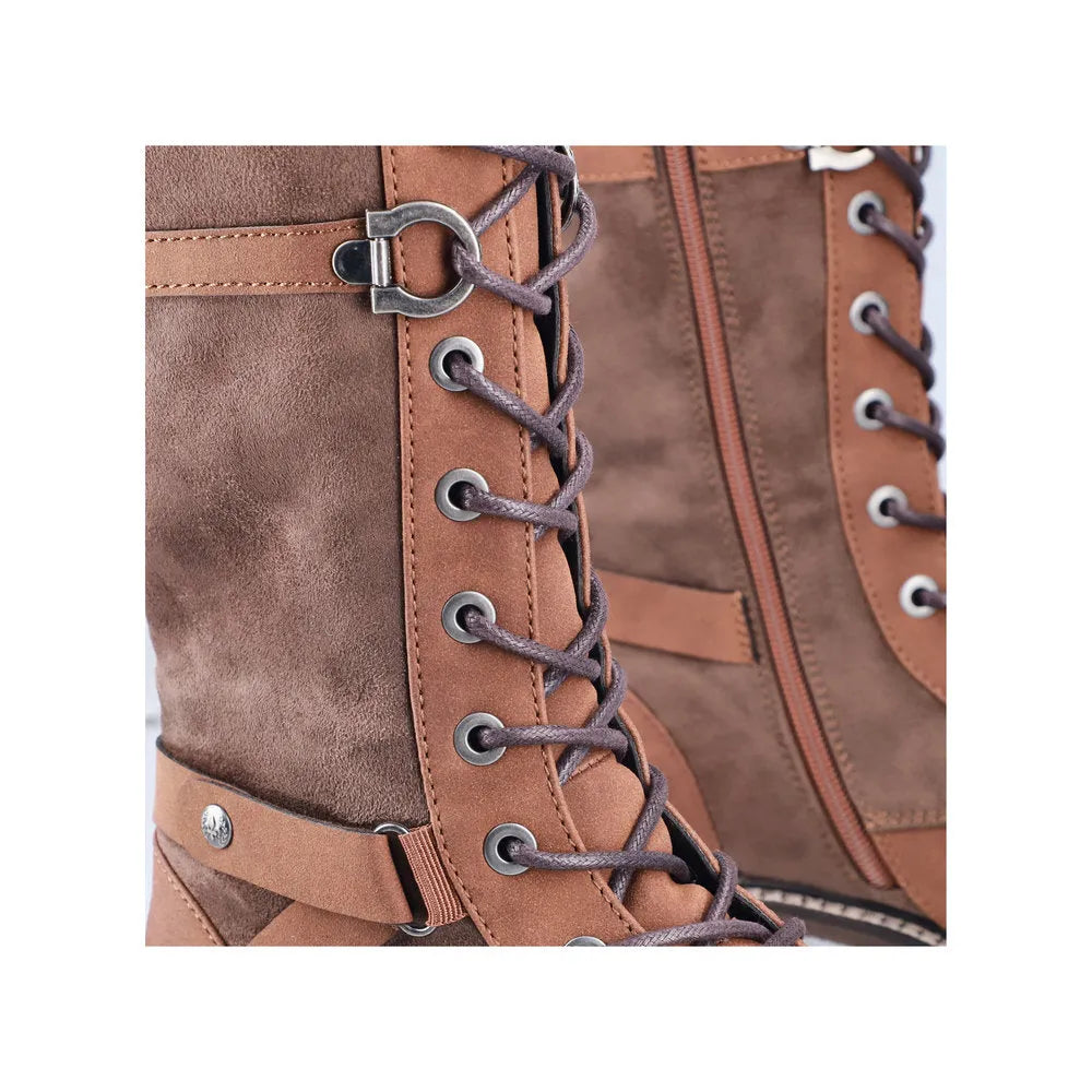 Rieker 94732-25 women's brown water-resistant knee-high boots with lace-up and zip closure, stylish and durable footwear.