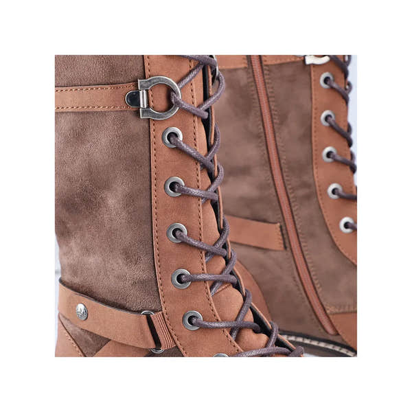 Rieker 94732-25 women's brown water-resistant knee-high boots with lace-up and zip closure, stylish and durable footwear.