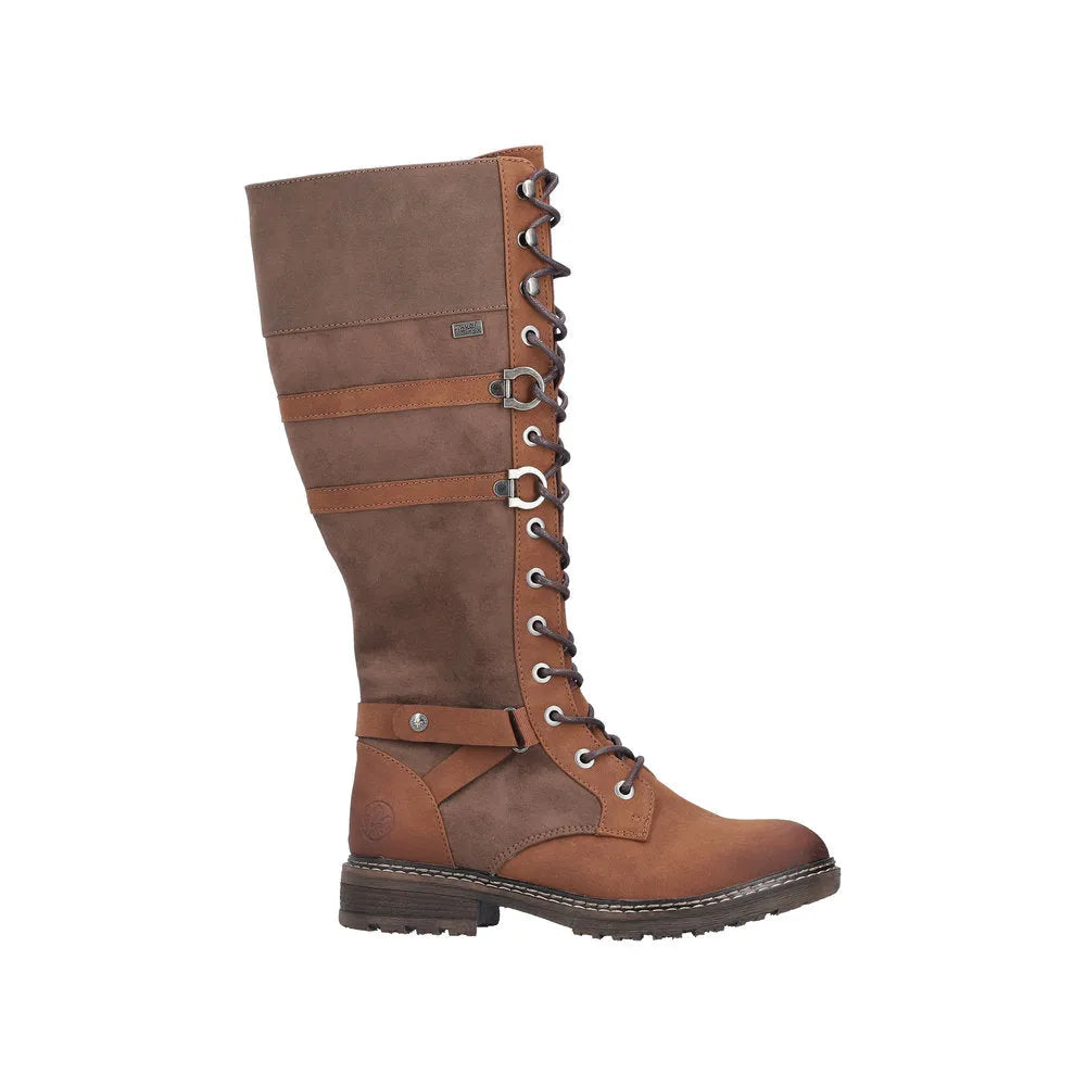Rieker 94732-25 women's brown knee-high water-resistant boots with laces and zipper, casual outdoor footwear.