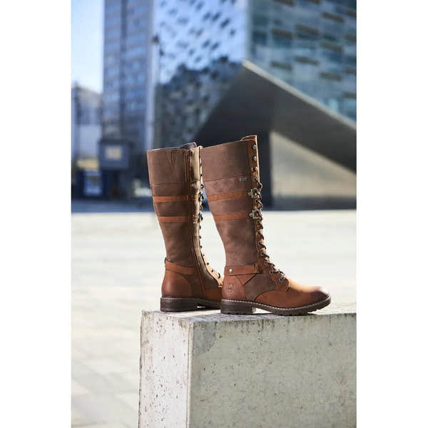 Rieker 94732-25 women's brown water-resistant knee-high boots with zip and lace-up design, outdoor footwear for women.
