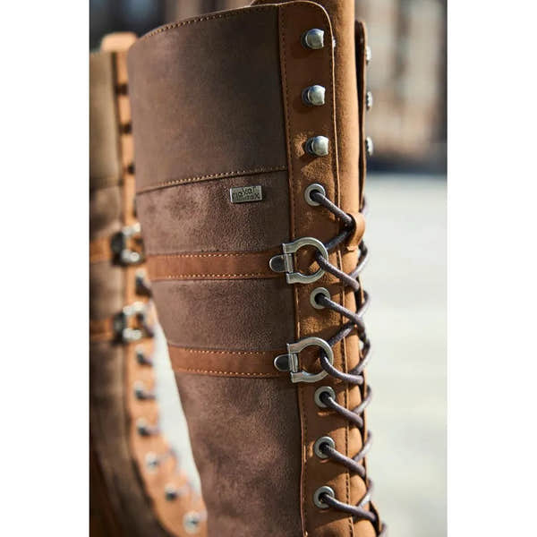 Rieker 94732-25 Ladies Brown Water-Resistant Knee-High Boots with Laces and Zip, stylish and durable footwear.