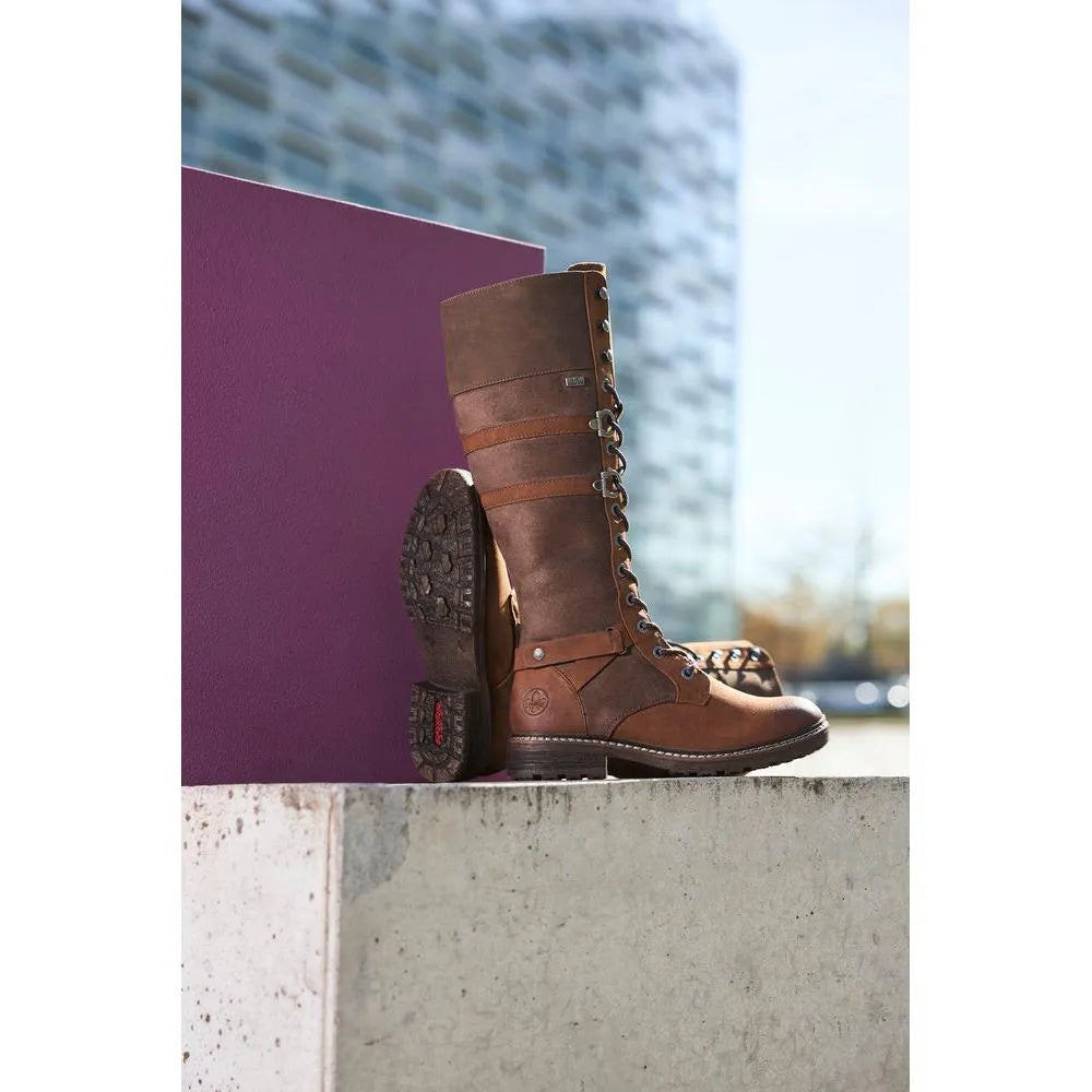 Rieker 94732-25 women's brown knee-high water-resistant boots with zipper and lace-up design, outdoor footwear for all weather.