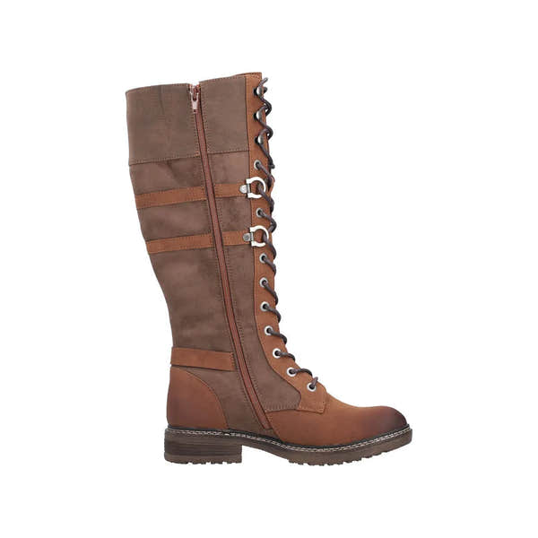 Rieker 94732-25 women's brown water-resistant knee-high boots with laces, zipper, and water-resistant features.
