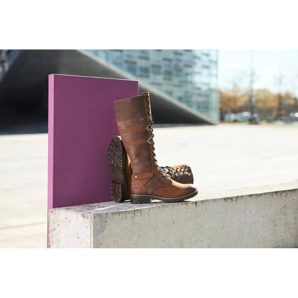 Rieker 94732-25 women's brown water-resistant knee-high boots with laces and zippers, outdoor footwear.