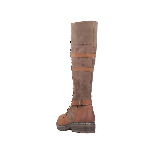 Rieker 94732-25 women's knee-high water-resistant boots with zip and lace, brown faux leather and suede, chunky heel.