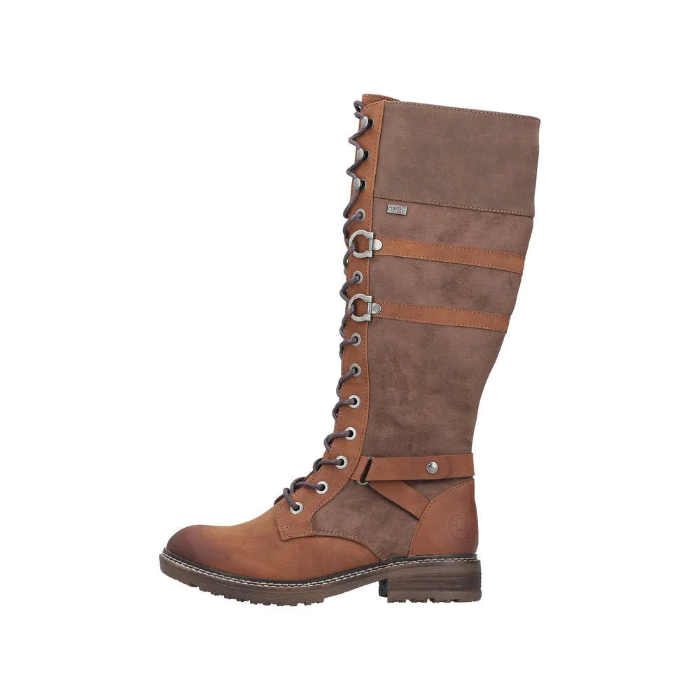 Rieker 94732-25 women's brown water-resistant knee-high boots with lace-up and zip closure.