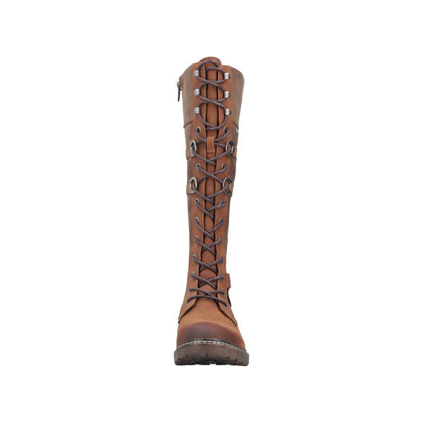 Rieker 94732-25 Ladies Brown Water-Resistant Knee-High Boots with Zip and Lace Closure