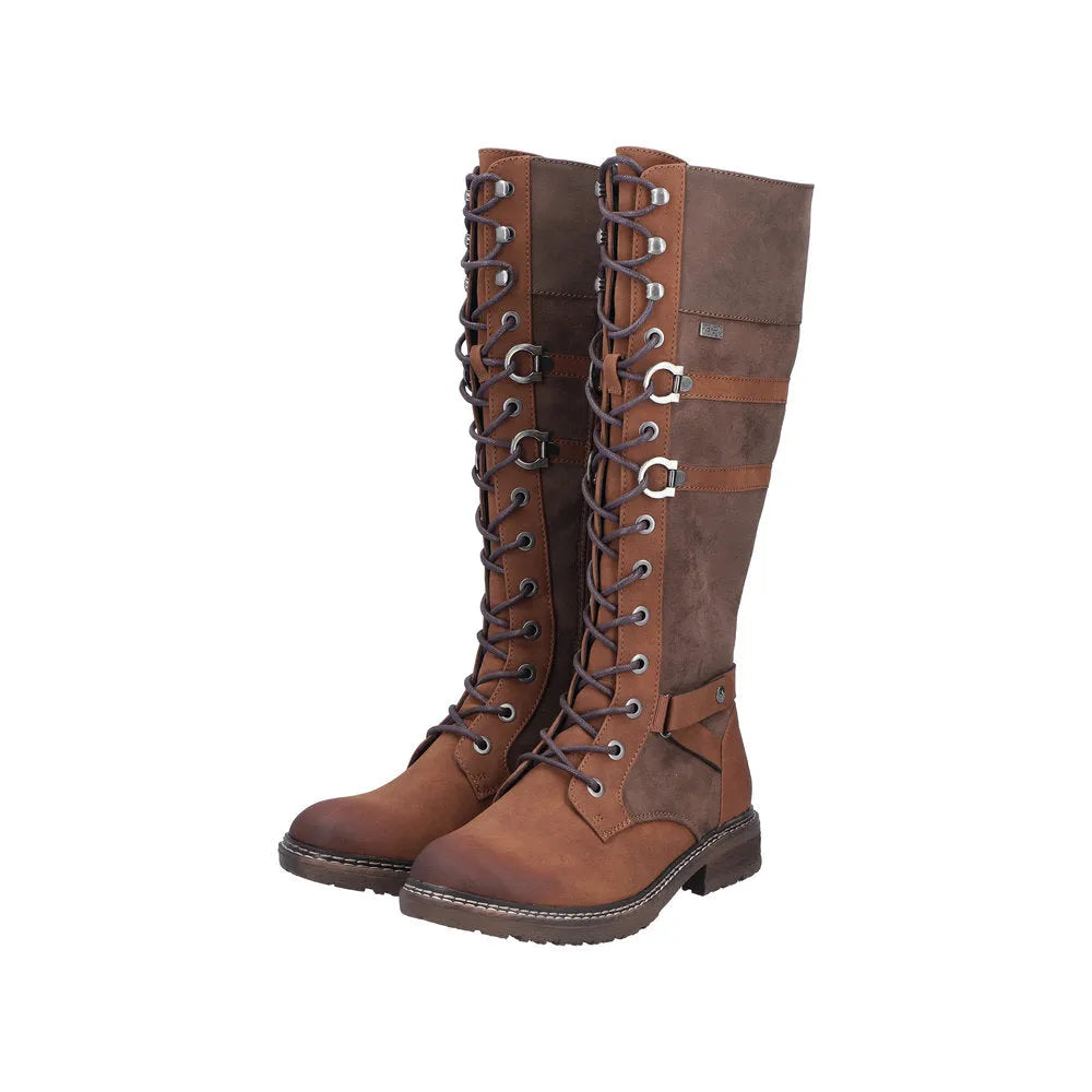 Rieker 94732-25 women's brown knee-high water-resistant boots with lace-up and zip closures, featuring a sturdy sole.
