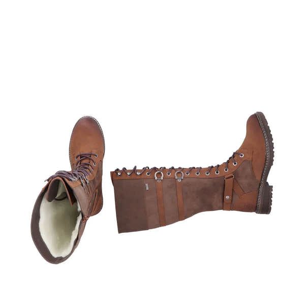 Rieker 94732-25 women's brown water-resistant knee-high boots with zip and lace-up design, fleece lining, rugged outsole.