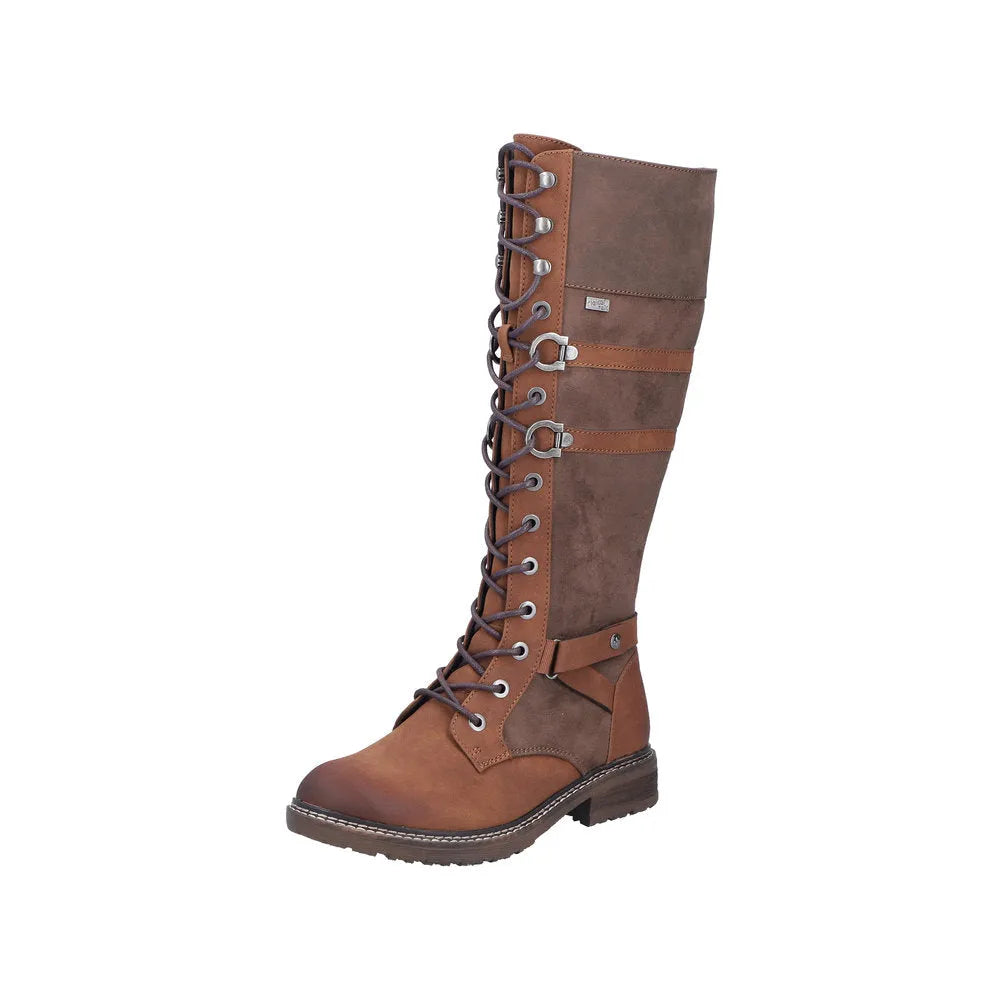 Rieker 94732-25 Ladies Brown Water-Resistant Knee-High Boots with Zip, Lace-Up, and Stylish Detailing