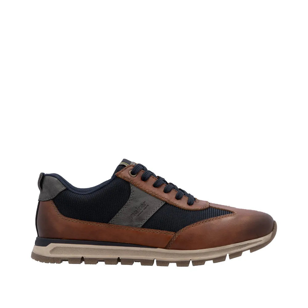 Rieker B0507-24 men's brown leather casual trainers with zip and lace-up closure, sporty outsole, and stylish design.