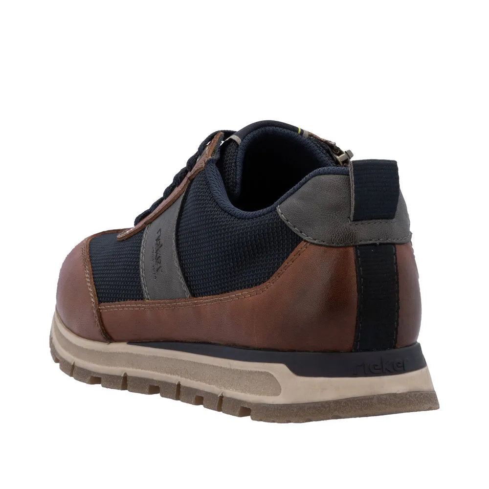 Rieker B0507-24 men's brown leather and navy synthetic zip and lace casual trainers with cushioned sole.