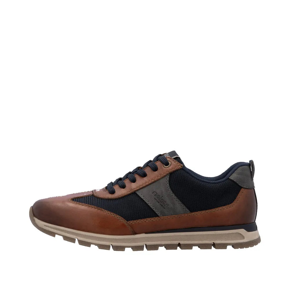 Rieker B0507-24 men's brown leather sporty trainers with zip and lace closure, black fabric accents, and rubber sole.