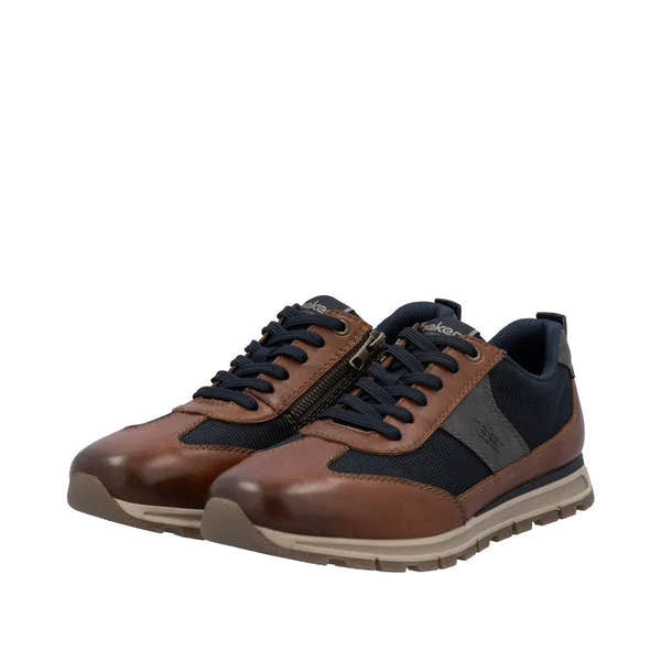 Rieker B0507-24 men's brown leather trainers with zip and lace-up design, navy accents, and durable rubber sole.