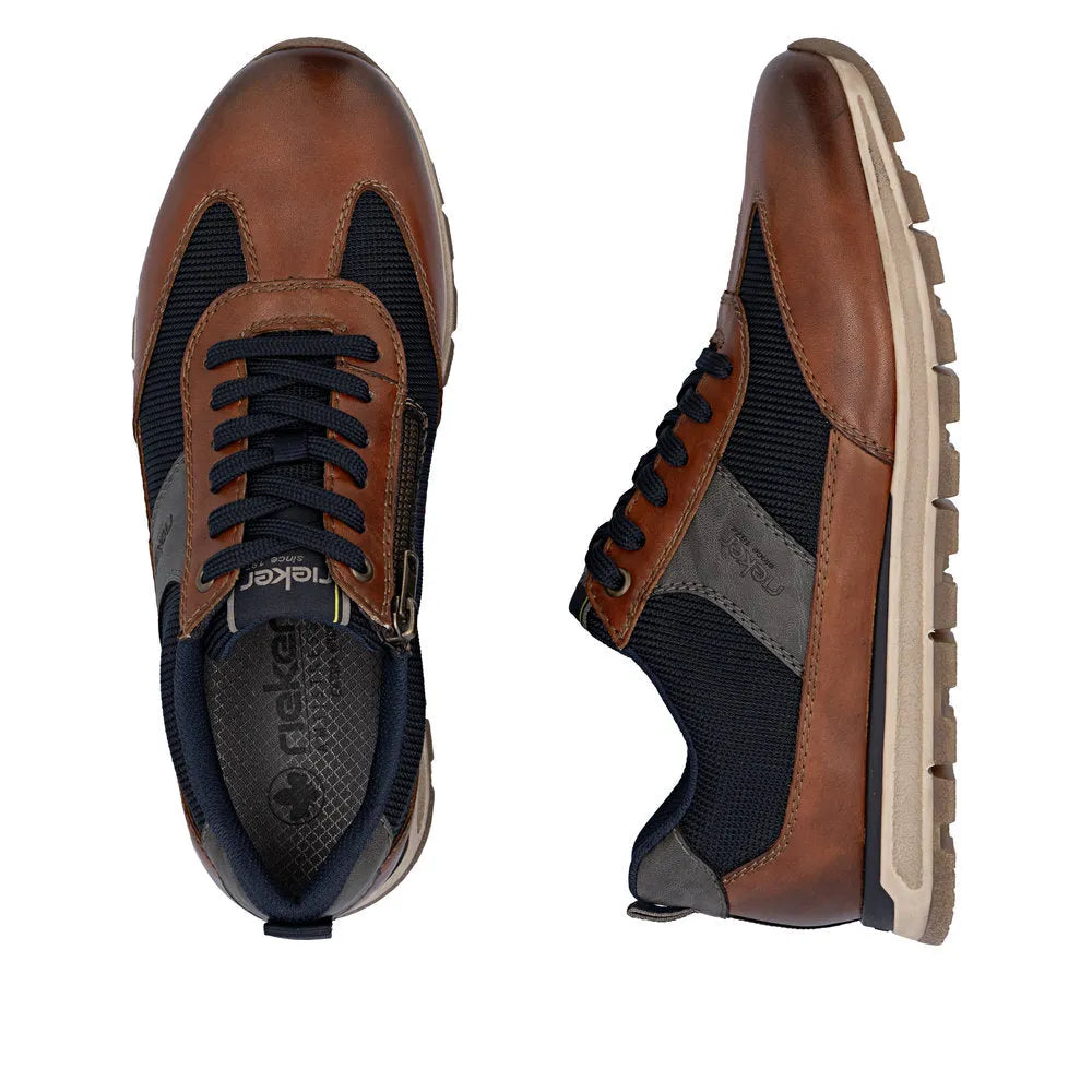 Rieker B0507-24 men's brown leather trainers with zip and lace-up fastening, cushioned black and gray panels, rugged rubber outsole.