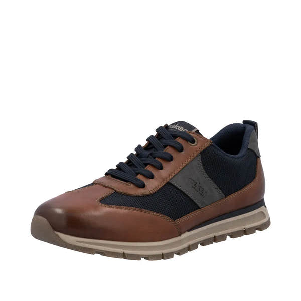 Rieker B0507-24 men's brown leather trainers with lace-up closure, side zip, and black mesh accents.