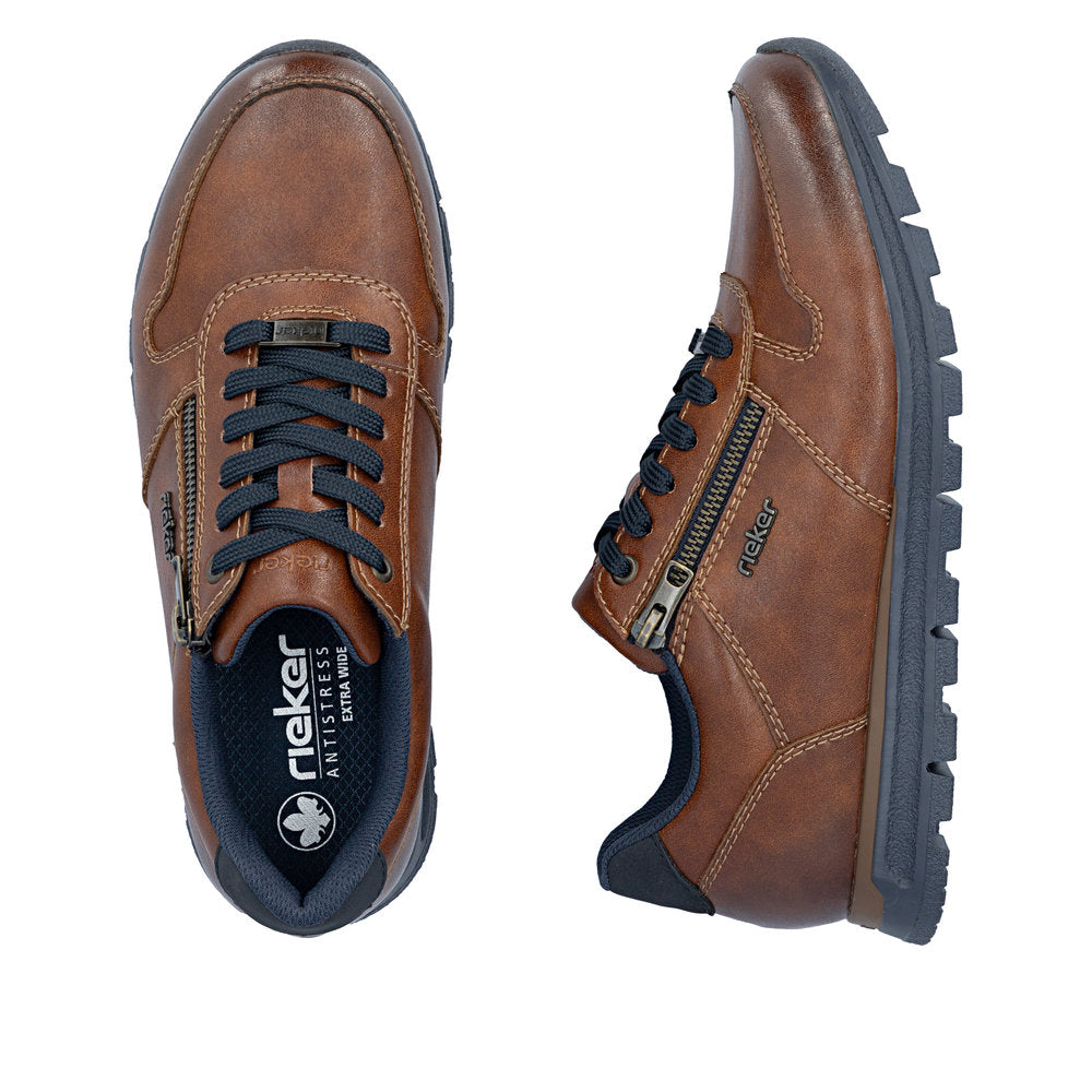 Rieker B0513-24 Mens Wide Brown Leather Zip & Lace Shoes