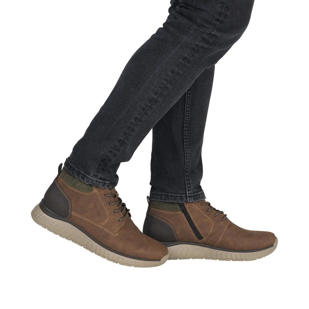 Rieker B0603-24 men's brown ankle boots with zip and lace-up design, stylish casual footwear with cushioned soles.