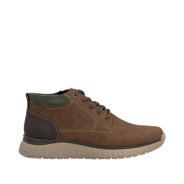 Rieker B0603-24 men's brown ankle boots with zip and lace closure, padded collar, and rugged beige sole.