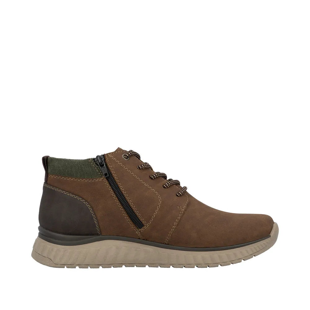 Rieker B0603-24 men's brown ankle boots with lace-up and zipper closure, cushioned sole, and stylish color block design.