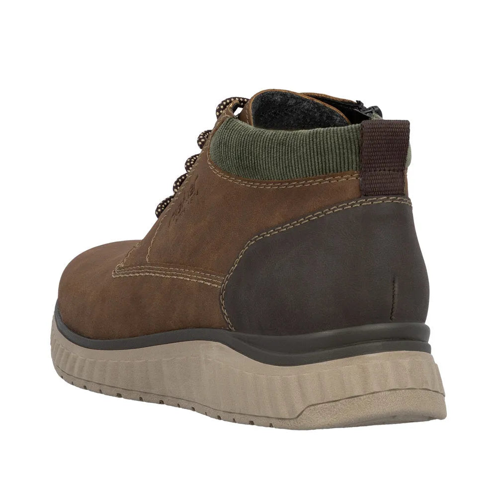 Rieker B0603-24 men's brown ankle boots with zip and lace closure, padded collar, rubber sole, and stylish contrasting accents.